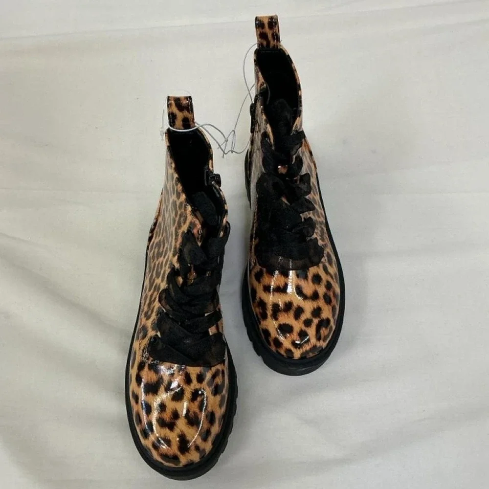 Kids Leopard Print Combat Boots Size 4 Brown Black Lace-Up Side Zip